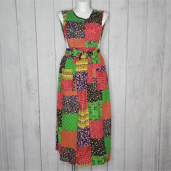 Vintage Dresses & Skirts - Vintage 70s Patchwork Wrap Pinafore Peekaboo Open Back Dress, size S/M